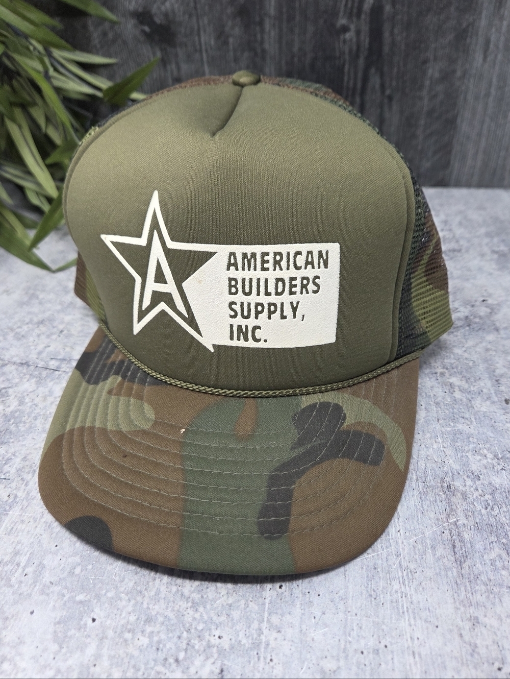 90s American Builders Supply, Inc Olive Green Camo Mesh Snapback Trucker Hat
